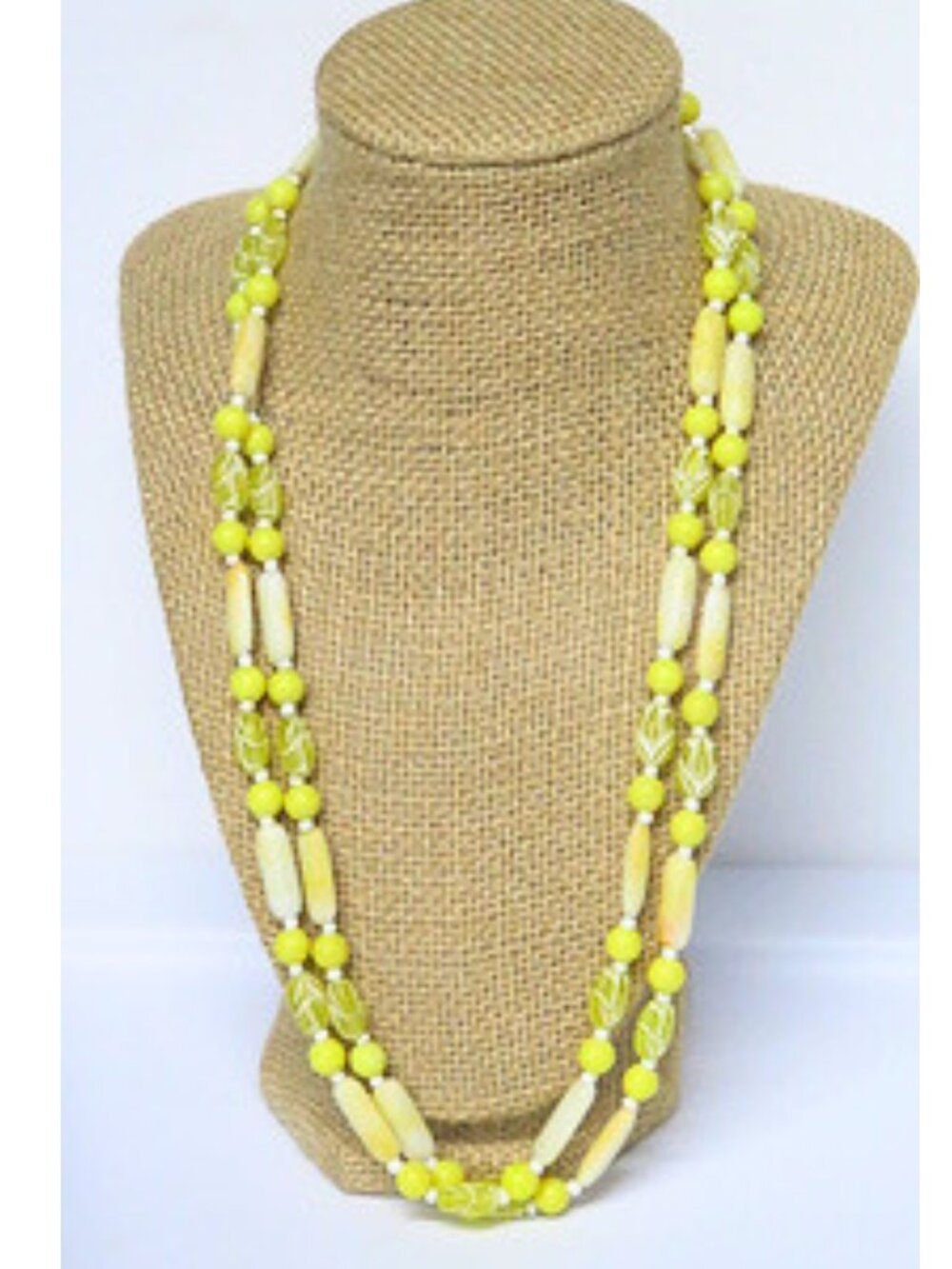 Long Yellow Beaded Necklace Green Leaf & Cream Beads Boho Statement Jewelry